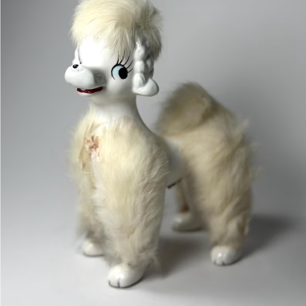 Vintage Poodle Ceramic Figurine, Kitsch, With Faux Fur, 50s